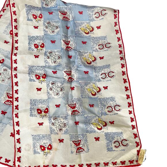Vintage Top Hit Fashion 100% Silk Butterfly Scarf 34” Tie Japan Red Blue Yellow - Picture 2 of 7